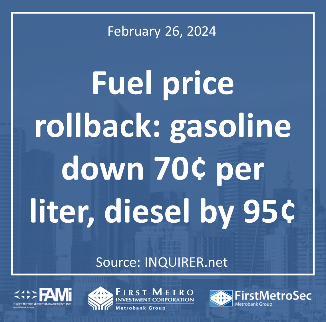 Fuel price rollback gasoline down 70 centavos per liter, diesel by 95